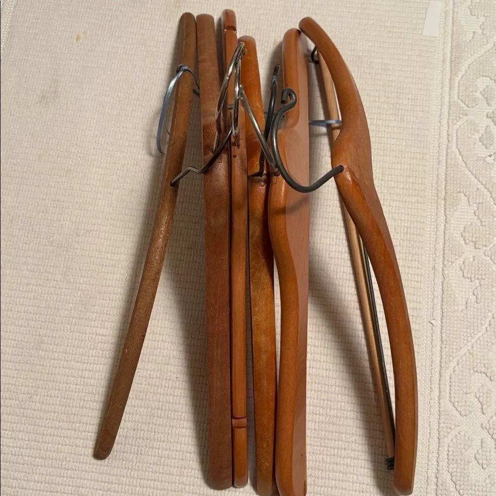 6 Vintage Wooden hangers metal some have dowels divets Antique wooden display